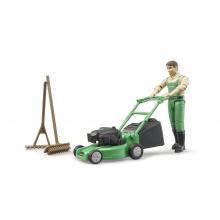Bruder 62103 - Bworld Figurine Gardener with Lawn Mover and Garden Tools - Scale 1:16