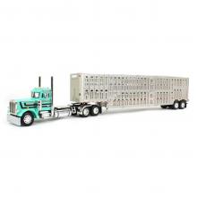 First Gear 60-1264 Peterbilt 359 Day Cab 6x4 Truck Black with Wilson Livestock Trailer Teal Black - Scale 1:64