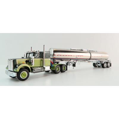 First Gear 60-1640 White Western Star 4900 with 36 Vintage Sleeper & Brenner Chemical Tank Trailer Dark Green & Olive Scale 1:64