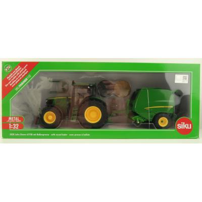 Siku 3838 - John Deere 6175R Tractor with John Deere 990 Round Baler Trailer - Scale 1:32