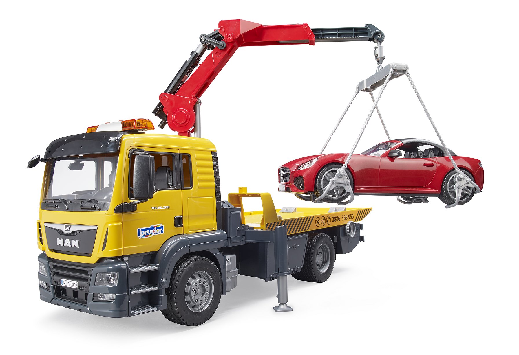 Product Image - Bruder 03750 - MAN TGS Flat Top Tow Truck with Roadster - Scale 1:16