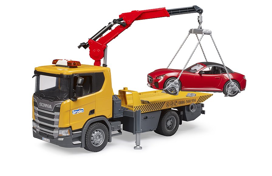 Product Image - Bruder 03552 - Scania Super 560R Flat Top Tow Truck with Roadster and L & S New 2023 - Scale 1:16