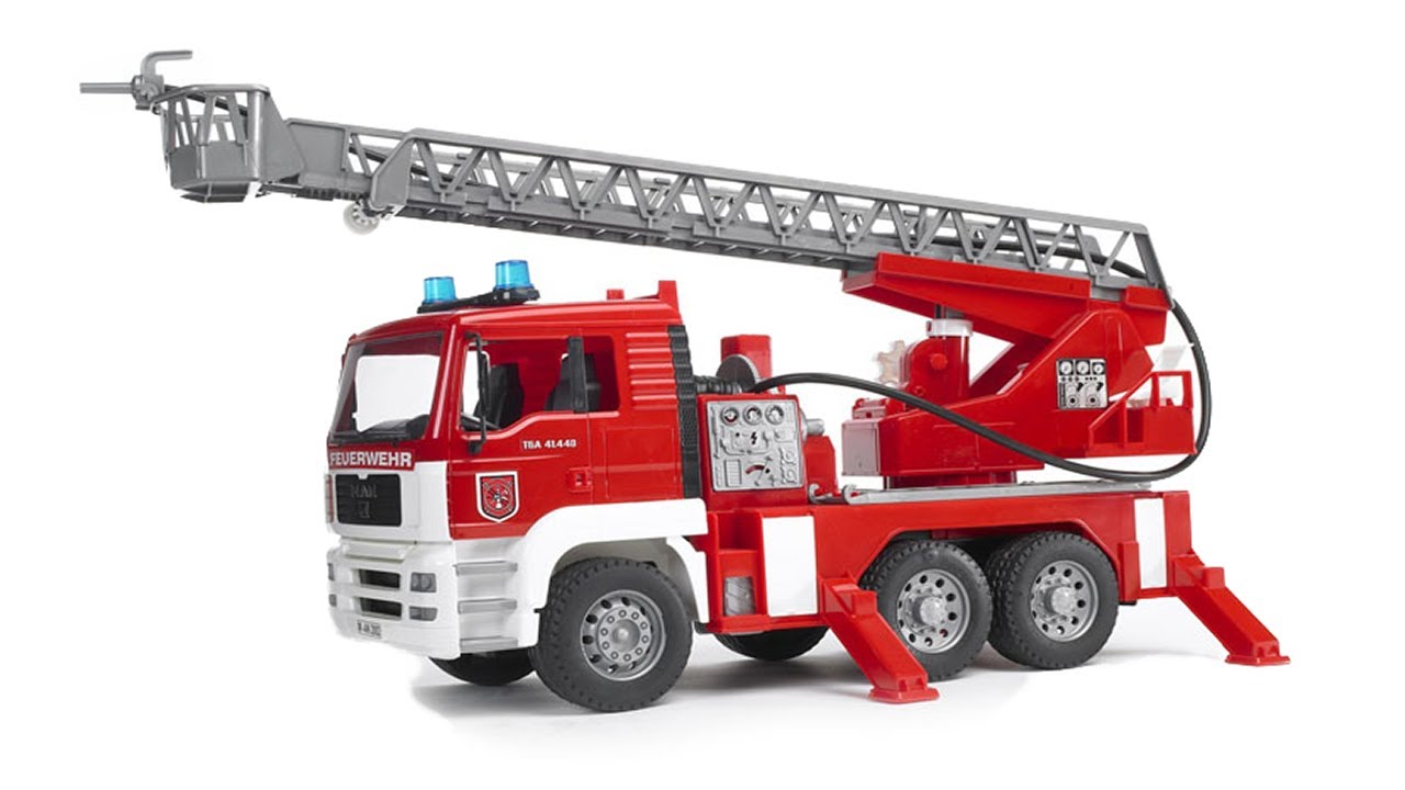 Product Image - Bruder 02771 - MAN Fire Ladder Truck with Water Pump and Lights - Scale 1:16 