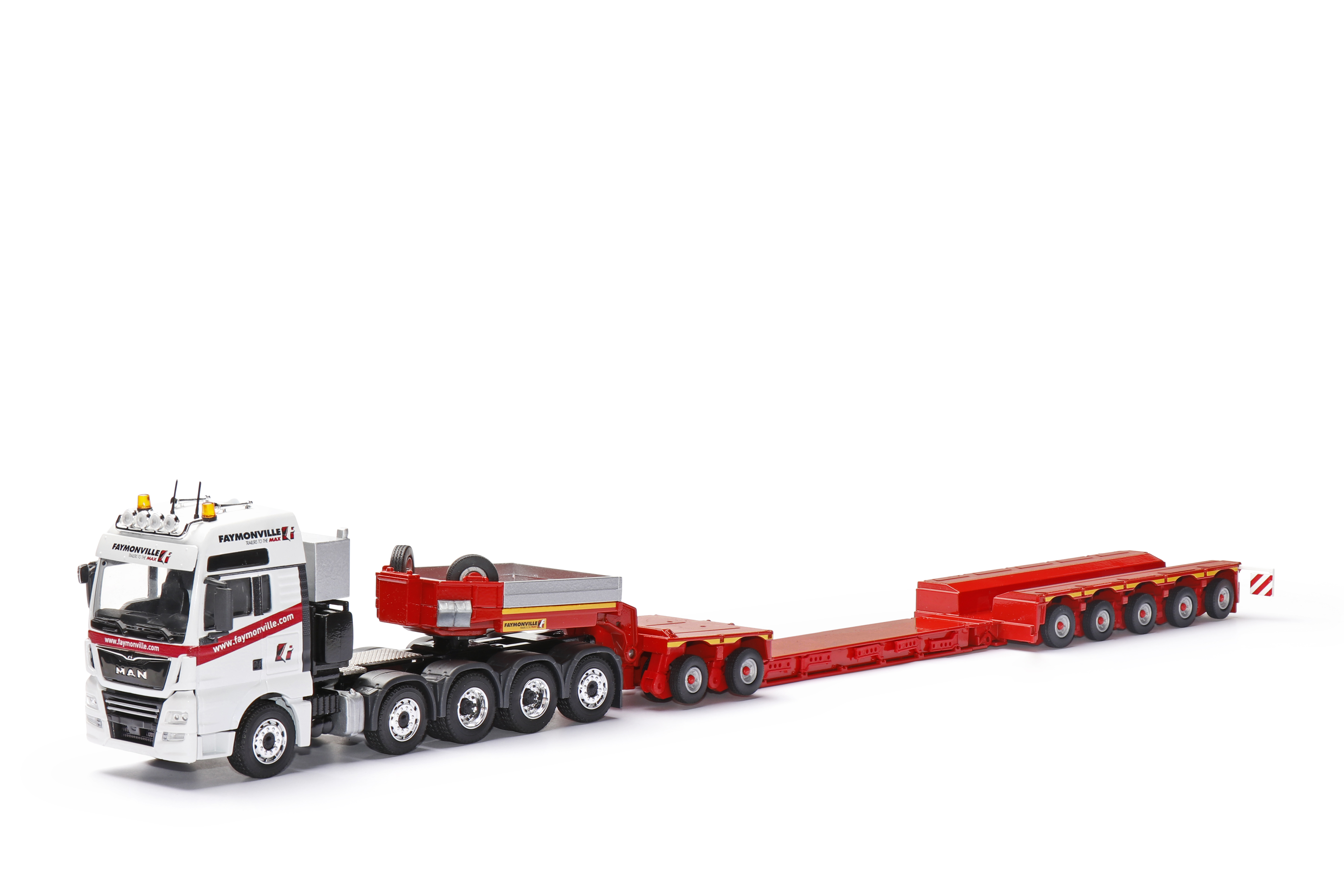 Product Image - Conrad 76195/0 - MAN TGX XXL Euro 6c 10x4 with FAYMONVILLE Variomax Drop Center Low Loader Trailer - Scale 1:50