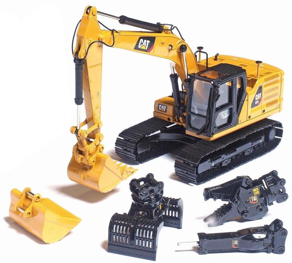 Product Image - Diecast Masters 85657 - Caterpillar  Cat 323 Next Generation Mod HEX Hydraulic Excavator with 4 Attachments - Scale 1:50