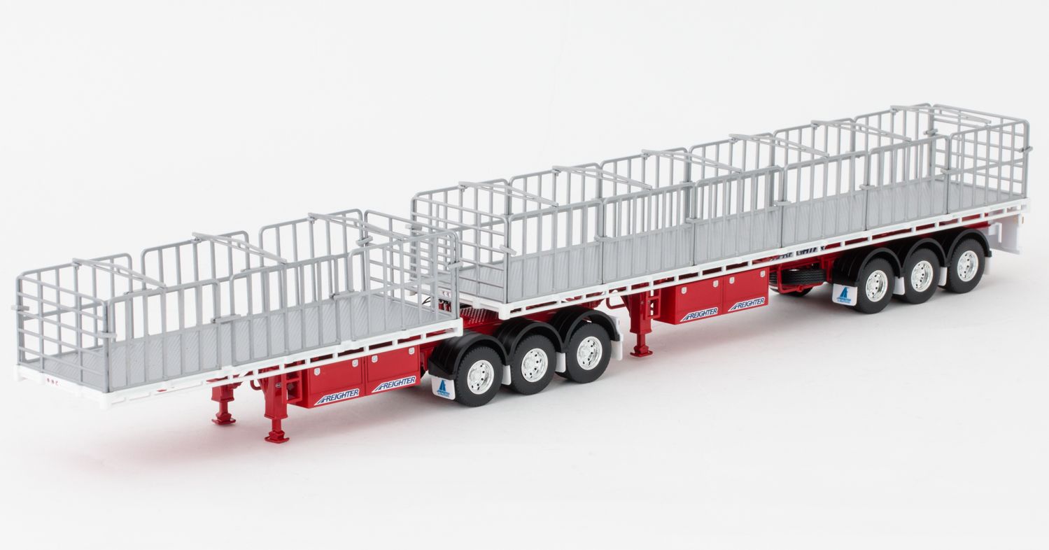 Product Image - Drake ZT09125 AUSTRALIAN Maxitrans Flat Top Freighter B-Double Trailer Set White & Red - Scale 1:50