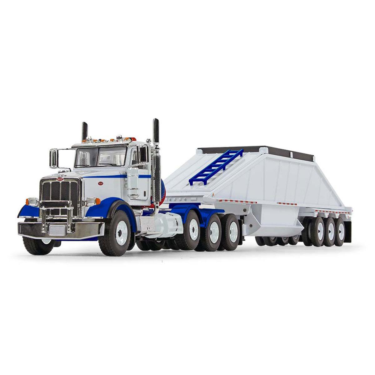 Product Image - First Gear 50-3481 Peterbilt Model 367 Day Cab 8x4 Truck Bottom Dump Trailer White / Blue Scale 1:50