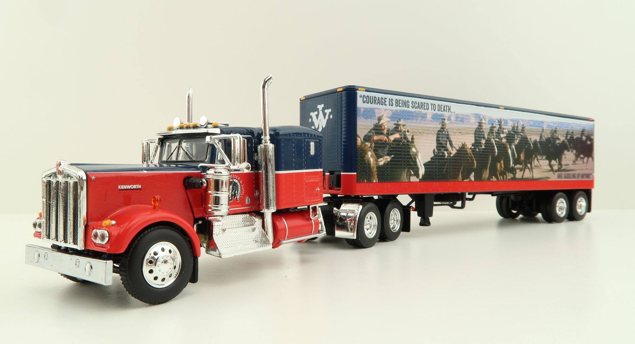 Product Image - First Gear 60-1205 Kenworth W900A Sleeper 6x4 Truck with 40 FT Vintage Trailer - John Wayne: Courage - Scale 1:64