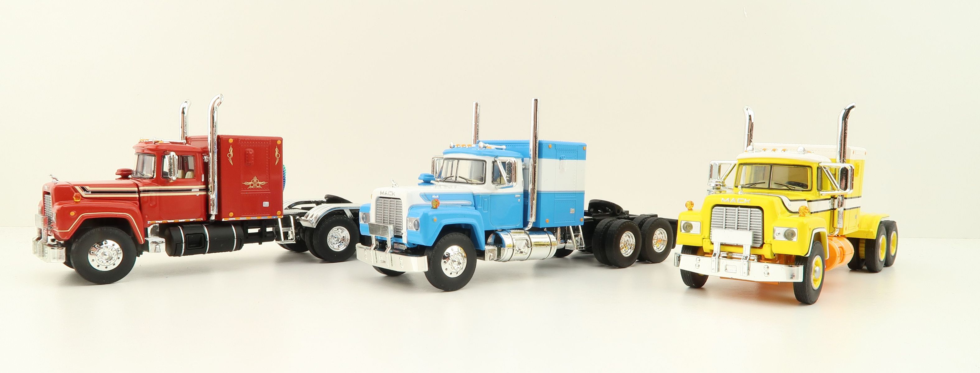 Product Image - First Gear 60-1250 Mack R Model with Sleeper Bunk Truck Trio Set Red, Blue & Yellow  - Scale 1:64