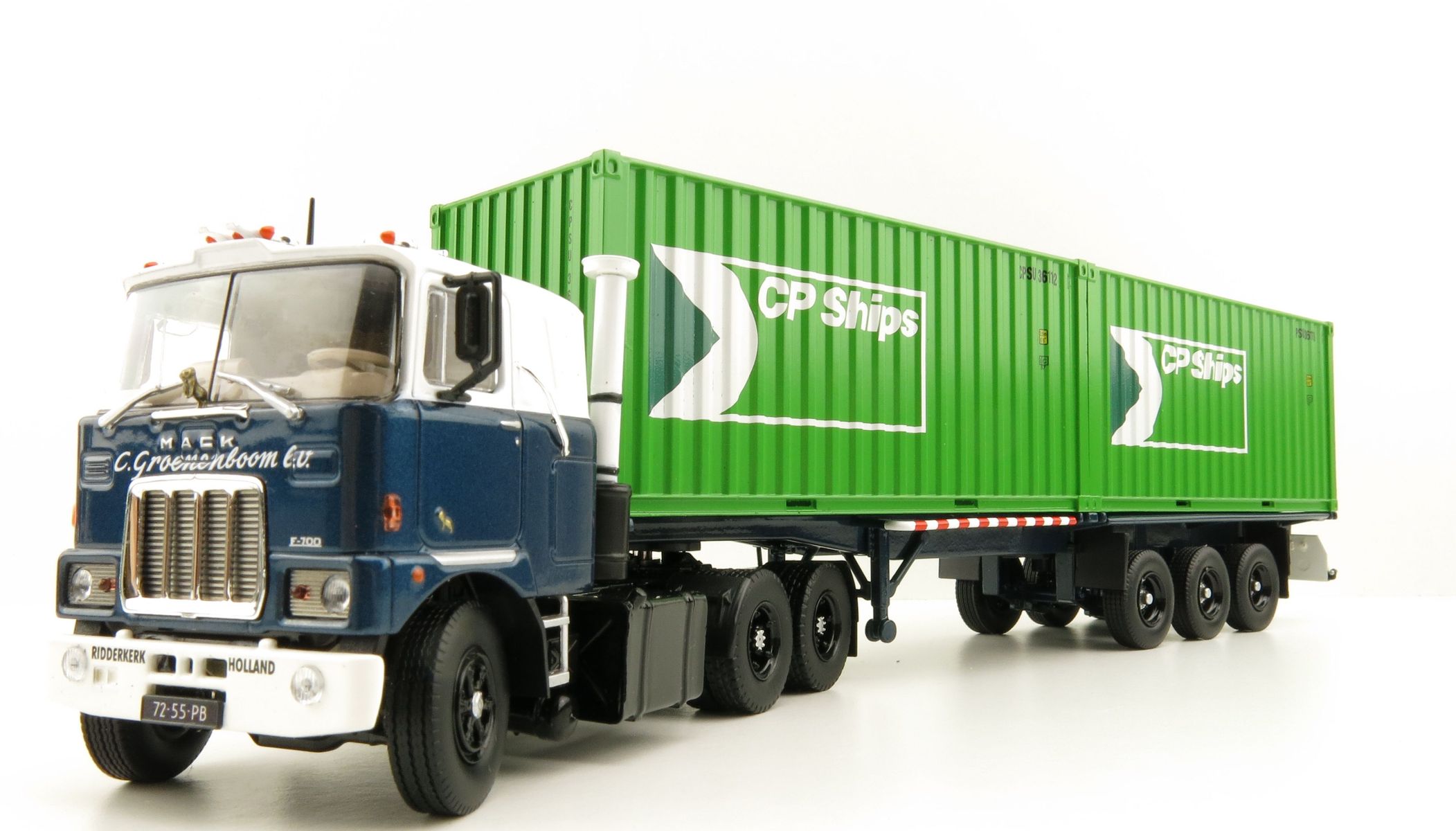 Product Image - Tekno 81194 Mack F700 6x4 Truck Groenenboom with Container Trailer 2x 20ft Container CP Ships - Scale 1:50