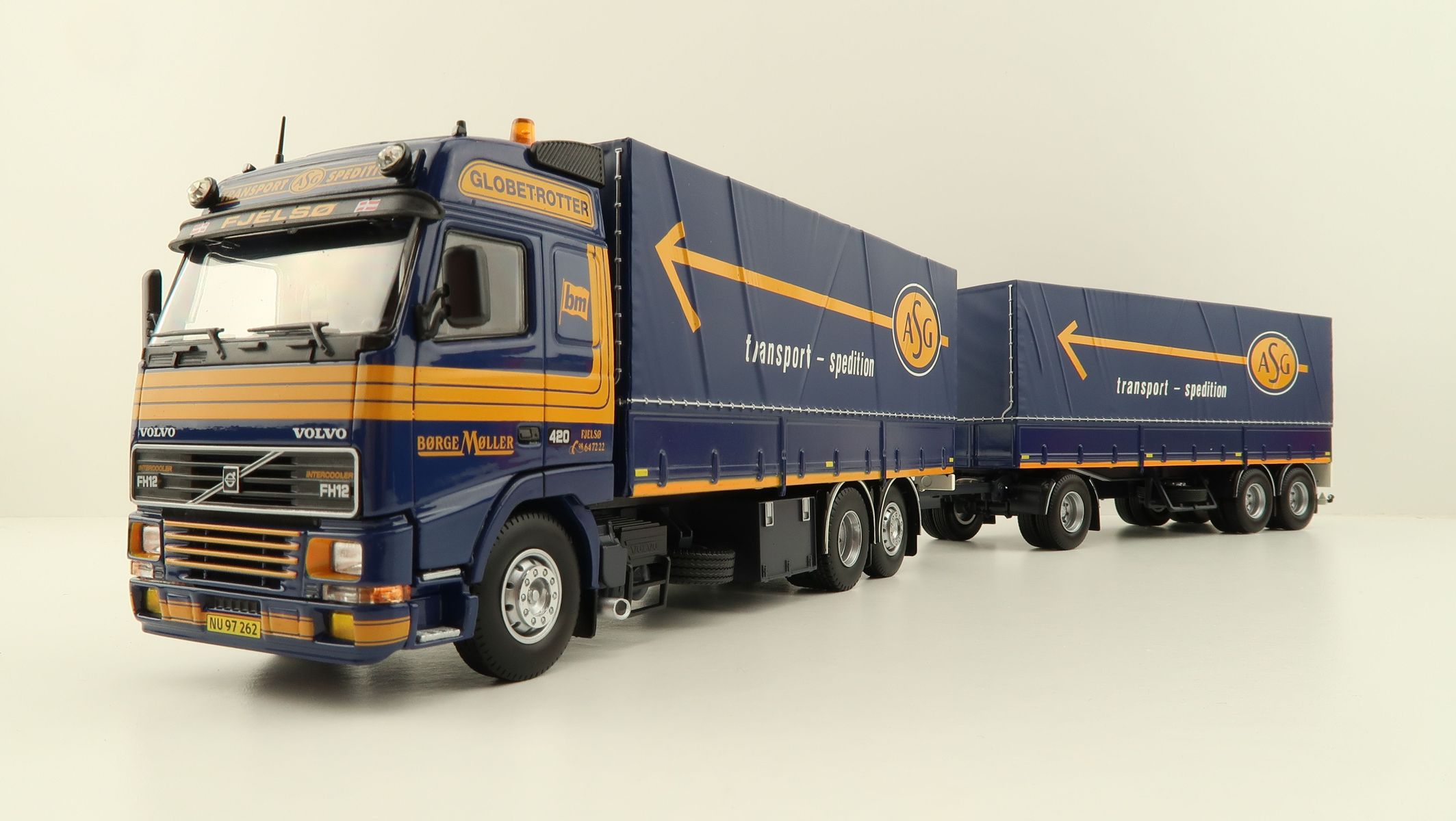 Product Image - Tekno 81222 - Volvo FH12 Globetrotter Rigid Truck with Trailer Curtainside - Borge Moller ASG - Scale 1:50