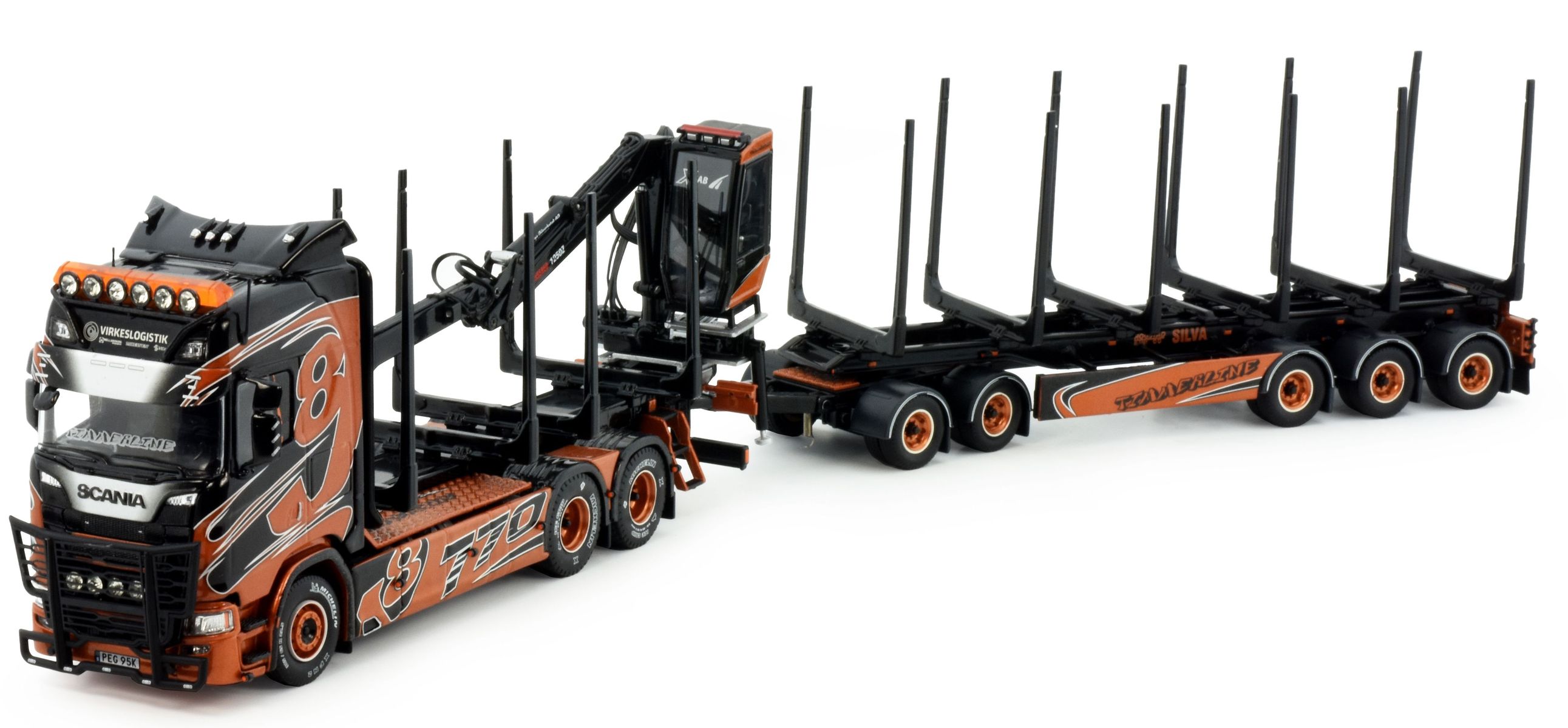 Product Image - Tekno 83221 - Scania NG R Highline Swedish Wood Transporter with Trailer - Timmerline - Scale 1:50