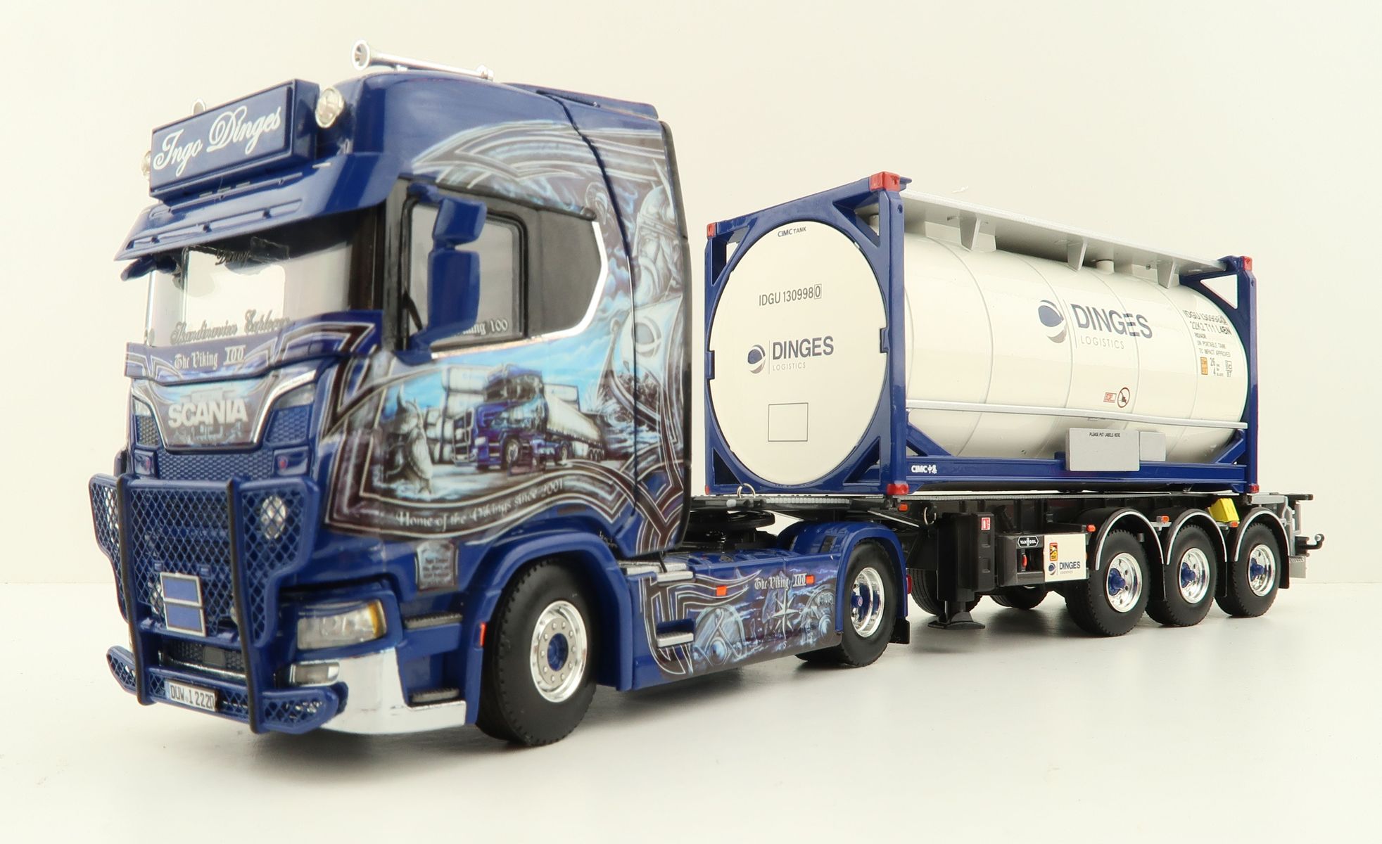 Product Image - WSI 01-4000 Scania S Highline CS20H 4x2 Truck with 3-Axle Container Trailer & 20 ft Tank Container - Ingo Dinges - Scale 1:50