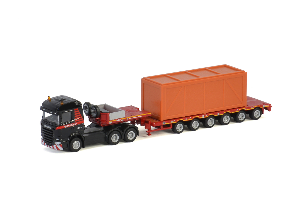 Product Image - WSI 900035 - Mammoet SCANIA HIGHLINE 6x4 SEMI LOWLOADER - 6 AXLE + WOODEN BOX - Scale 1:87